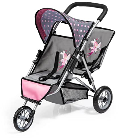 Bayer Design 39166AA Cochecito gemelar para muñecas Duo, Carrito para muñecos Doble, Plegable, Gris, Rosa, Hada