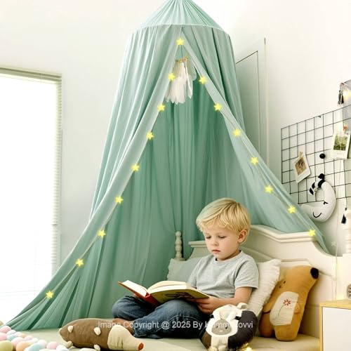 Hommi Lovvi Green Bed Canopy for Girls with Light, Princess Canopy Curtains for Twin Full Queen Size Kids Bed, Canopy for Girls Bed Room Decor, Hanging Castle Ceiling Tent