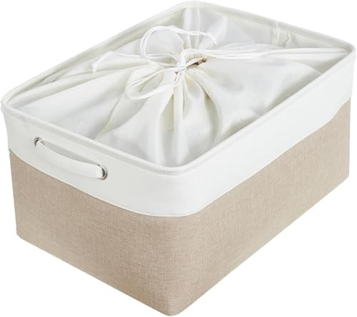 Mangata Fabric Storage Basket with Handles, Light Khaki White L | 44 x 31 x 23 cm; foldable canvas with drawstring cover for clothes, towels, toys and shelves.