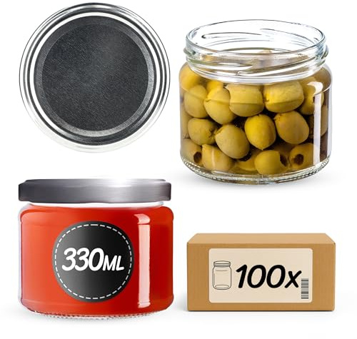 KADAX Lot de 100 bocaux en verre 330ml Ø82 à pois rouges – Couvercle Twist-Off hermétique TO82 – Pour confitures, conserves, cornichons, miel & fermentation