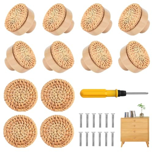 Ylinwtech 12 Stück Rattan Möbelknöpfe, Boho Schrankknöpfe Vintage Griffe | 3cm Rund Knauf, mit Schrauben & Schraubendreher, Vintage Kommodengriffe, holz schubladenknöpfe, für Schubladen