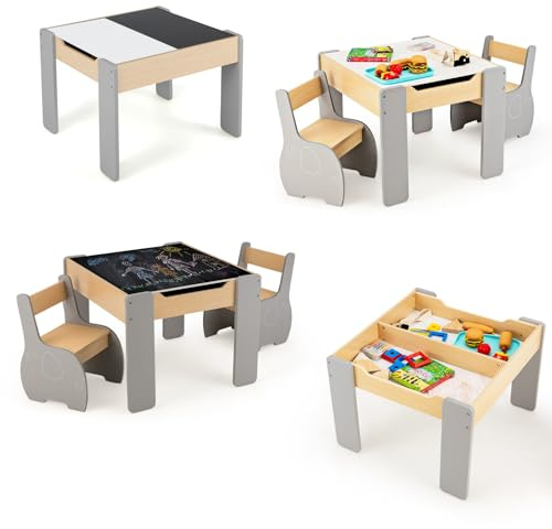 LIFEZEAL Set di sedie e tavolo multifunzione per bambini, set di seggiolini per bambini con vano portaoggetti, mobili per bambini con tavolo per bambini, set di sedie da tavolo per ragazze e ragazzi