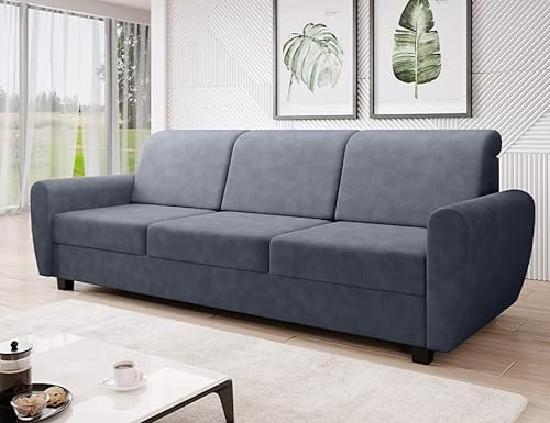 MODERNO Sofa mit Schlaffunktion und Bettkasten Milo - Sofa mit 3 Sitzen - Schlafcouch Wohnzimmer - Schlafsofa mit Kopfkissen und Holzfüße - Modern Couch 233x92x87 cm - Graphit - Soro 97