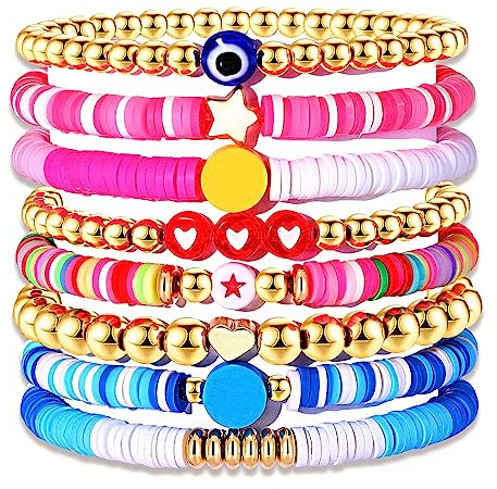 XOCARTIGE Surfer-Heishi-Armbänder für Frauen, stapelbar, Regenbogenfarben, Vinyl-Scheibe, Ton, Perlen, Stretch-Armbänder, elastische Schichtung, Freundschaftsarmbänder, Boho, Sommer, Strand, Schmuck
