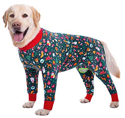 BT Bear Große Hundekleidung, elastischer Haustier-Einteiler, schützt Gelenke, Anti-Haare, Anti-Lecken, Wundschutz, Haustier-Pyjama für mittelgroße und große Hunde (Größe XXL, grünes Weihnachten)