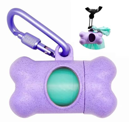 YUCHIYA Dog Poop Pickup Bags Holder Dispenser with Standard-Sized Leak-Proof Scented Doggy Waste Bags and Carabiner Hook and Loop Fastener Never Loose on Leash Lead Again (1 Holder 15 Bags, Purple)