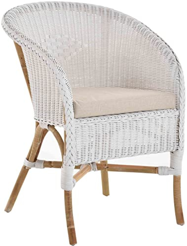 Korb-Outlet Klassischer Rattan Club-Sessel inkl. Polster Beige Rattansessel Flechtsessel (Weiss/Rahmen Natur)