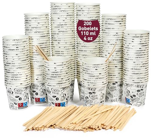 gobecups 200 Gobelets Café Jetables Papier Carton 110 ml 4 oz avec Bâtonnets. Gobelets café jetables avec bâtonnets en bois pour anniversaire, baby shower et réunions; gobelets papier pour espresso