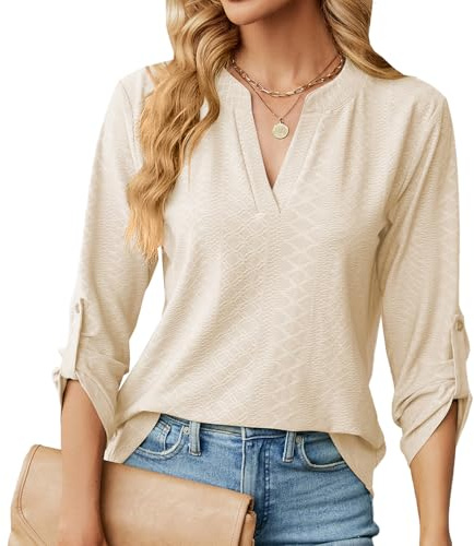 Heersan Camicetta Donna di 3/4 Manica con Bottoni Camicia Elegante Scollo a V Top Classico Shirts Casual Pullover Tinta Unita Bluse e Camicie Autunno/Inverno (S-XXL)