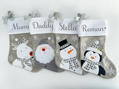 Weihnachtsstrumpf mit Namen Weihnachtsdeko Christmas Stockings Hängende Strümpfe Weihnachten Geschenktasche Personalisierte Xmas Socken Familie Kinder Junge Mädchen (Grey, Snowman)