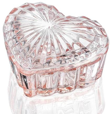 kanpura Glass Heart Shaped Jewelry Box Candy Dish with Lid Ring Earring Trinket Storage Box Vintage Jewelry Organizer Decorative Jar Gift for Women Girls(Pink) | Vintage Jewelry Organizer Decorative Jar, Pink Cute Trinket Box, Gift for Women Girls