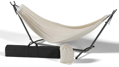 HAGO Hängematte | Garten | Outdoor | Robust | Wetterfest | Beige | Einfach Montage | Verstellbar | 250kg Belastbarkeit | Polyester-Baumwollmix | 255x99x98cm