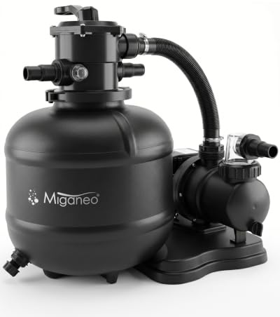 Miganeo Sandfilteranlage Dynamic 8000 Pro Schwarz | selbstsaugende Filteranlage für Pools bis 27.000 L | 7.000 l/h Pumpenleistung & 5.400 l/h Filterleistung | 370 mm Kessel | frei laufend 8.000 l/h