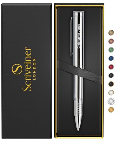 Scriveiner Personalisierte Silber Chrom Rollerball, preisgekrönte EDC Pen, schwere Tasche Stift mit Chrom-Finish, am besten graviert Roller Ball Geschenk-Set, benutzerdefinierte Namen Gravur