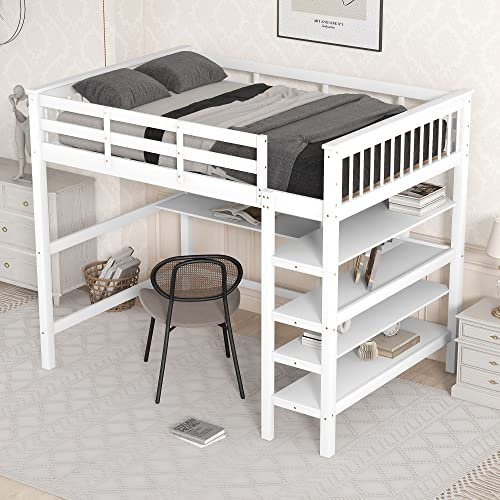 Sapgaks 140x200 Kinderbett,Hochbett,rausfallschutz Etagenbett,140 x 200 Kinderhochbett mit Ablagefächern und Unterbettschreibtisch, Weiß