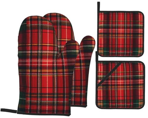 4 Pezzi Set Di Presine Da Cucina Red Green Tartan Guanti Da Barbecue Ultra Spessi Guanti Forno Divertenti Guanti Da Cucina Per Bbq, Campeggio, Cucinando