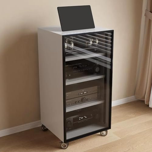 JIAOCKJIAO Phonoschrank, Beweglicher Audio Rack Hi Fi Regal, Record Player Stand mit Glastür, Hi Fi Rack mit Kabellöchern, Moderner TV-Schrank mit Verstellbaren Regalen(Wit,4 Tier 55x45x100CM)