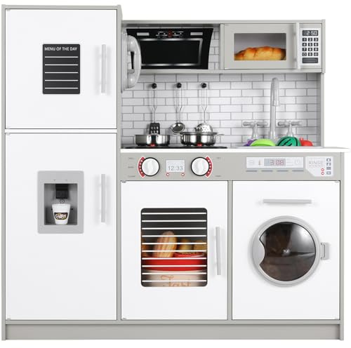 Clevich Cucina Giocattolo per Bambini, Cucina Bambini Legno, con Effetti Simulati di Luce e Suono, Cucina Legno con Accessori da Cucina da Gioco e Lavatrice, A Partire dai 3 Anni, Grigio