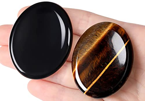 2 piedras de preocupación para el pulgar para la ansiedad, ojo de tigre, obsidiana, cristales curativos, piedras talladas a mano, piedras preciosas ovaladas de bolsillo, juego de piedras preciosas de