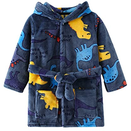SRTUMEY Bata de baño para niños, albornoz de forro polar de franela con capucha de diseño de dinosaurio para niños, ropa de dormir de lujo de felpa suave, ropa de salón cómoda y acogedora, bata larga