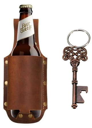 Fondina per birra, da uomo, con apribottiglie, portachiavi a forma di scheletro con pelle di cavallo pazzo, regalo per birra, feste, barbecue, campeggio, accessori per birra (marrone #1)
