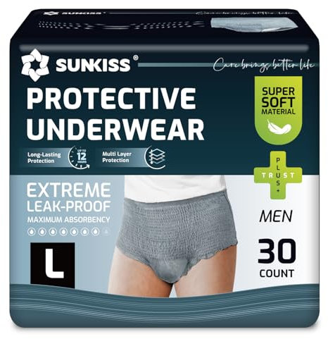 SUNKISS Incontinence Pants for Men, Daytime Disposable Adult Pull Ups, Mens Protective Underwear with Maximum Absorbency, Grey, Large, 30 Count