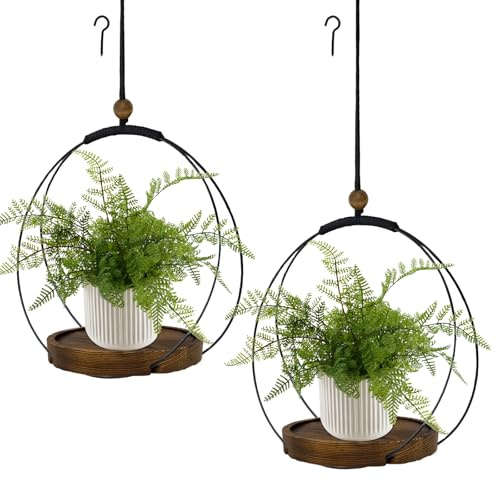 hismocal Hanging Planters for Indoor Plants,Plant Hanger with Sturdy Wood Base,Modern Boho Macrame Plant Hanger,Wall Ceiling Window Stands(Plants/Pots Not Included) (2 Pack-Circle)