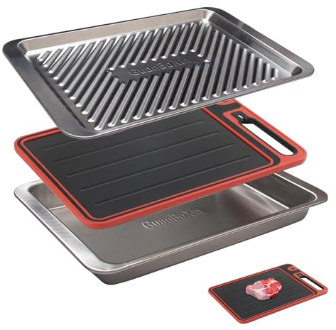 Grilling Prep and Serve Trays, Set of 3 Stackable Stainless Steel BBQ Trays with Cutting Board, Deep Marinating Container, Serving Platter for Plating Food, BBQ Prep Tub for Marinating Meats