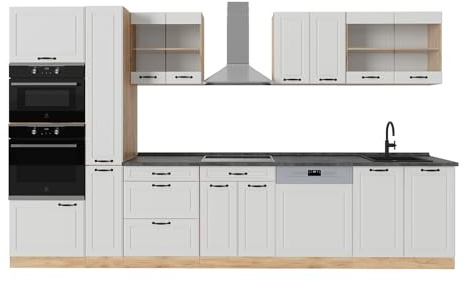 Vicco Küchenzeile R-Line, Weiß Landhaus/Goldkraft Eiche, 350 cm ohne Arbeitsplatte