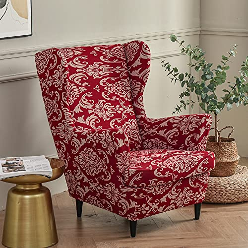 Stretch Wingback Chair Covers 2-Piece Wing Chair Cover for Armchair, Washable Sofa Slipcover Spandex Furniture Protector for Living Room Bedroom (Red Baroque)