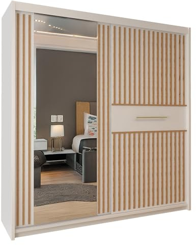 MN Furniture Sliding Door Wardrobe with Mirror | MDF Chipboard | Hanging Rails & Multi-Tier Shelves | Black or White with Votan Oak Strip | 150cm & 203cm | Bedroom Wardrobe (White/Votan, 150cm)