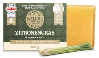 Nature Cosmétique® Certified Hand- & Körperseife ZITRONENGRAS (zitrusfrisch, krautig) – NATRUE zertifiziert – für normale Haut, dermatologisch getestet, plastikfrei, vegan, palmölfrei – Naturseife