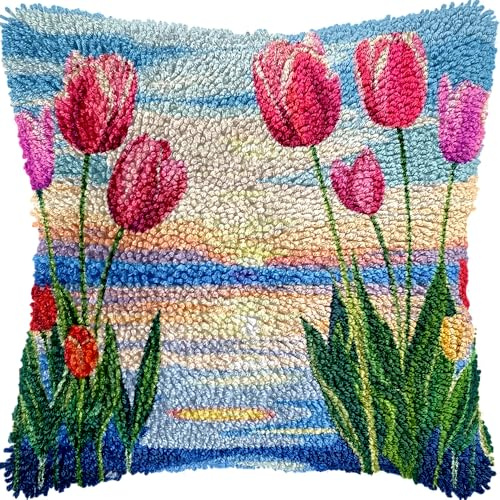 Tulips Flowers Sunset DIY Latch Hook Kits Pillow with Printed Canvas Cushion Crochet Yarn Embroidery Hook and Latch Kit Pillowcase Christmas Decor 43x43cm(2)