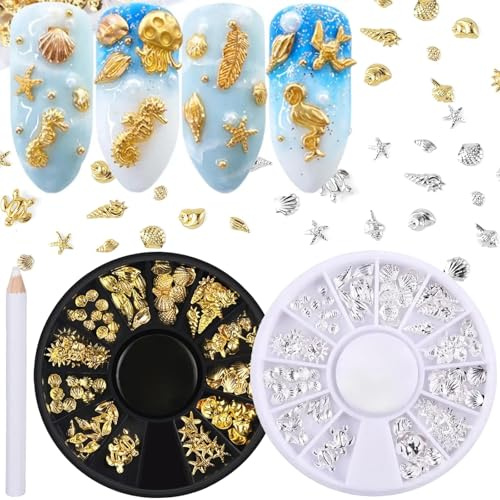 HYWWPFLAY 2 Disc Ocean Nail Art Charms, 3D Beach Nail Charms for Summer, Starfish, Seashell Nail Studs Jewelry, Alloy Gems Decorations for Women Manicure Salon with Pickup Pen & Tweezers