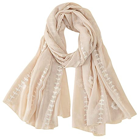 Vanligt linne och broderat mode lång tunn damhalsduk bomullsscarf slips halsduk, BEIgE, one size