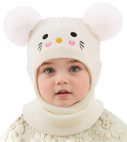 NEAWEALY Baby vintermössa slip-mössa barn varm stickad mössa björn huva halsduk vinter slip-mössa i 1–6 år, Vit, 1-6 År