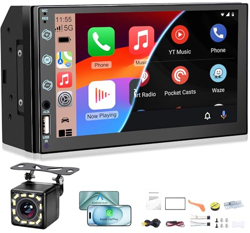7 Double DIN Car Stereo with Touchscreen, Compatible with CarPlayy & Android Auto, BT, Phone Mirroring, Rearview Camera, MP5 Radio/USB/AUX