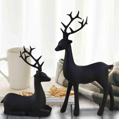 Generisch 2 Stück Schwarze Rentier Weihnachtsdekoration Harzfiguren Hirsch Statuen Elch Skulptur Hirsch Ornamente für Zuhause Büro