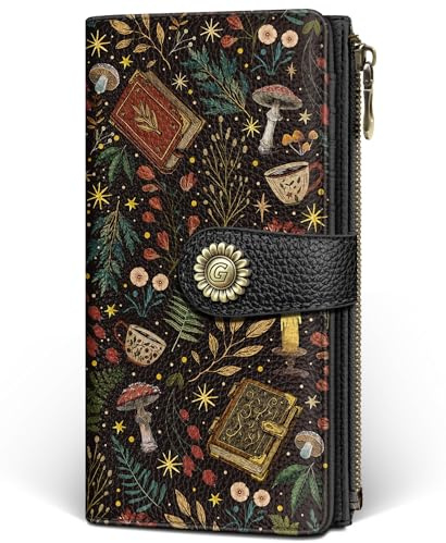 GIANCOMICS Book Mushroom Womens Wallet RFID Blocking, Credit Card Holder Bifold, PU Leather Travel Billfold, Long Cute Cash Purse, Zipper Coin Pocket Clutch, 11 Card Slots, Ladies Gift Woman