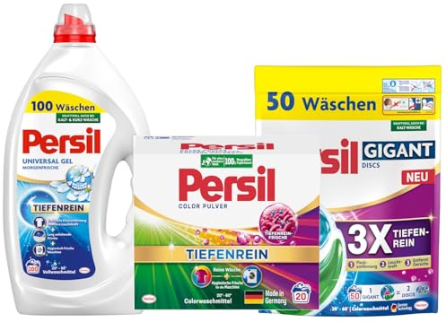 PERSIL Universal Kraft-Gel Morgenfrische 100 WL 4,5 L + Pulver Color 20 WL 1,26 kg + Color Gigant Discs 50 WL 1,25 kg – Waschmittel Kombination für bunte Wäsche