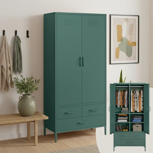 skølm Atria Kleiderschrank 80cm, 6 Fächer, Dunkelgrün, Metall, 3 Schubladen | Metallschrank, 2 Kleiderstangen, Garderobenschrank, Metallkleiderschrank breit, Schlafzimmerschrank, Flurschrank stabil
