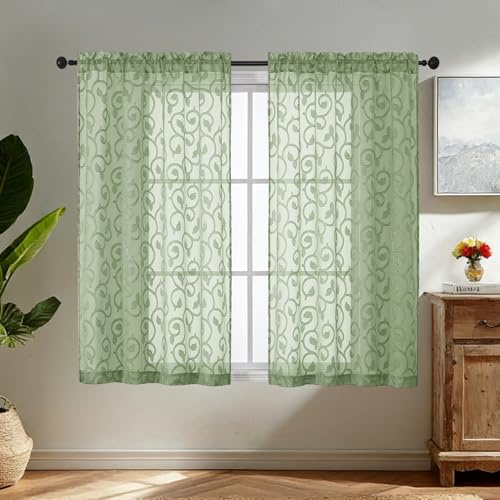 Simplebrand Sage Green Sheer Voile Curtains with Embroidered Pattern, 2 Panels 140x122cm, Dual Rod Pocket Light Filtering Curtains for Kitchen Café Window