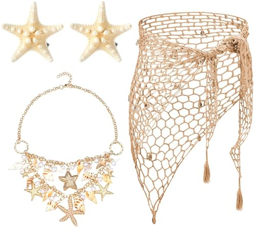 CHONGQILAO Costume da Sirena da Donna, Gonna da Donna a Sirena all'uncinetto, Fermagli per Capelli a Stella Marina, Collana Conchiglie Girocollo, Gonna da Spiaggia per Carnevale, Halloween, Cosplay