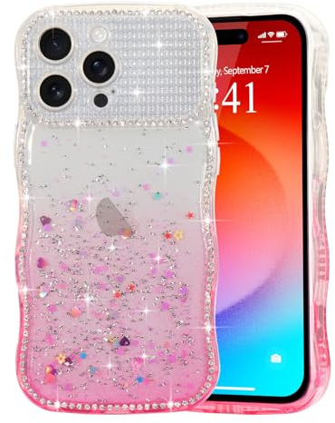 LCHULLE Glitter Cover Compatibile con iPhone 15 Pro Max CustodiaTrasparente Cover con Forma Ondulata con Paillettes & Cristalli Custodia Resistente Silicone Case per iPhone 15 Pro Max, Rosa