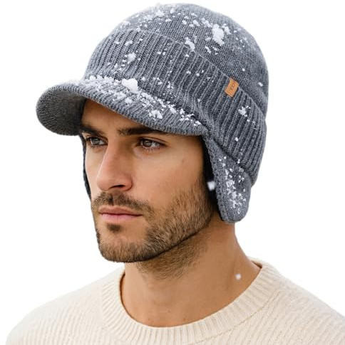 TOP-EX Unisex wasserdichte Winter 80% Merinowolle Strickmütze mit Visier und Ohrenklappen, warmes Fleecefutter, ideal für kaltes Wetter und Outdoor-Sportarten