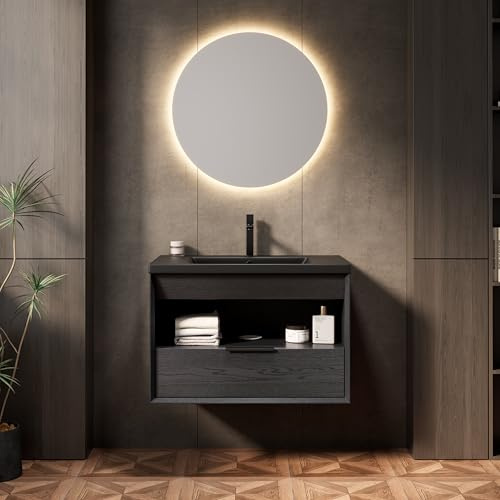 HaoChrymec Schwebender Badezimmer-Waschtisch aus Keramik, Integriertes Unterbauwaschbecken mit Schublade und Offenem Regal, Waschtischunterschrank, Schwarz Dunkle Holzmaserung, 74.5 x 46.5 x 51.5 cm