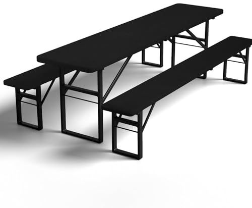 GFCC Bierzeltgarnitur Auflagen Set 3-teilig Elastische Schwarz 220x70cm | 1 Hussen für Biertische und 2 Bierbankhussen,Elastische Hussen für Biertischgarnitur Waschbare für Outdoor-Bankette