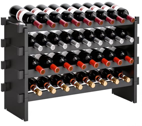 VASMIA Étagère à vin en Bambou Empilable sur Pied pour 36 Bouteilles de Vin sans Outils de Montage, 4 Niveaux pour Cuisine, Bar, Salle à Manger, Cave, Noir