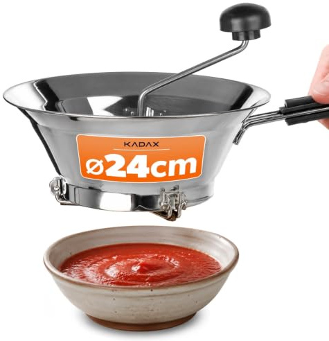 KADAX Passiermühle Ø 24 cm, manuelle Gemüsemühle aus Edelstahl, Passiermaschine zum Passieren von Obst und Gemüse, Passiersieb mit klappbare Standfüße