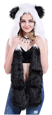 UK_Stone Damen 3 in 1 Kunstpelz Schal Handschuhe Mütze Set Verschiedene Süße Tiere Muster für Weihnachten oder Winter, Panda